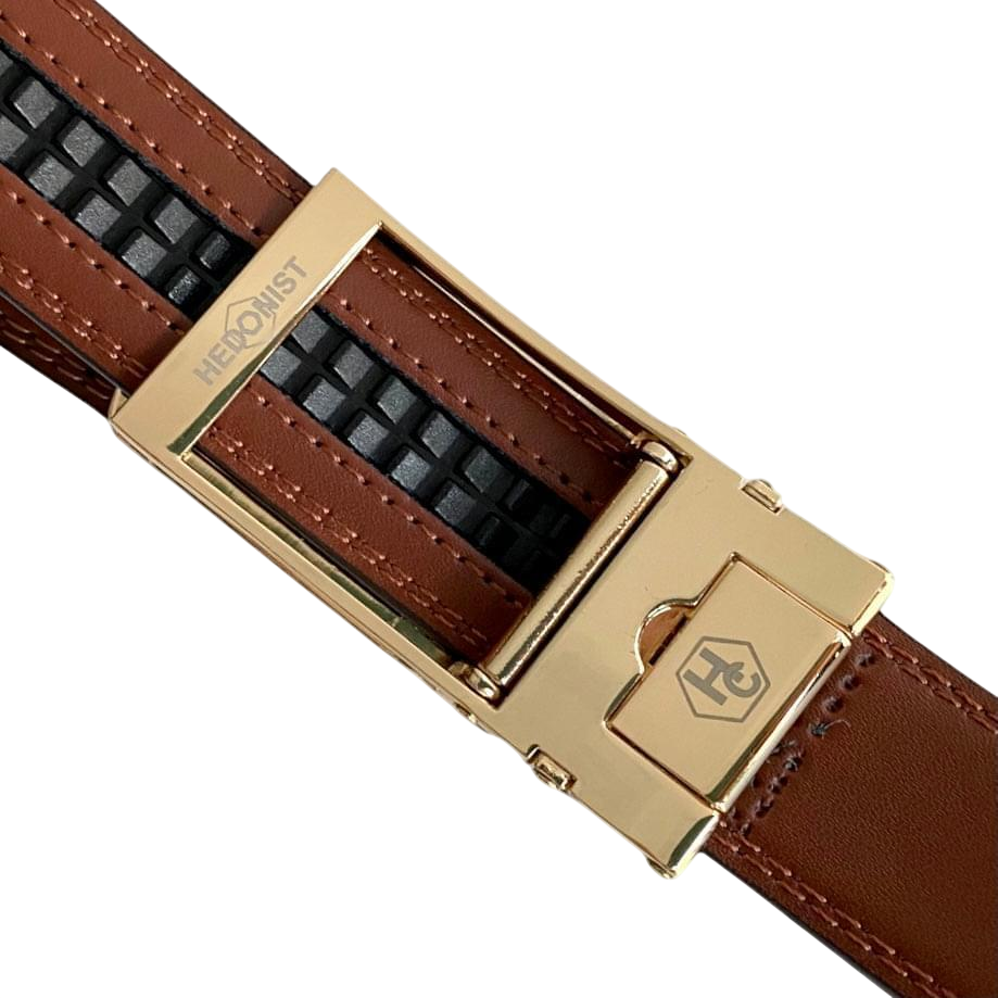 Brown leather dress ratchet belt with gold hollow buckle, hardware close-up