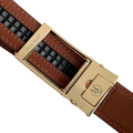 Brown leather dress ratchet belt with gold hollow buckle, hardware close-up