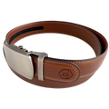Brown leather ratchet belt with gunmetal buckle, buckle detail close-up