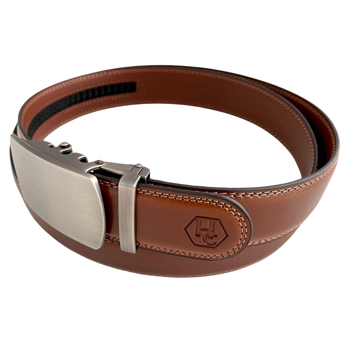 Brown leather ratchet belt with gunmetal buckle, buckle detail close-up