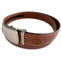 Brown leather ratchet belt with gunmetal buckle, buckle detail close-up