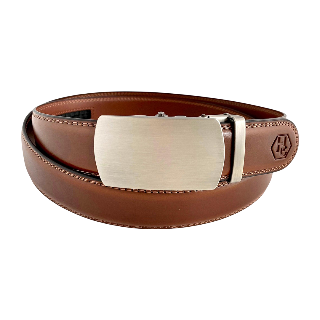 Brown leather ratchet belt with gunmetal buckle, front view