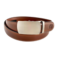 Brown leather ratchet belt with gunmetal buckle, front view