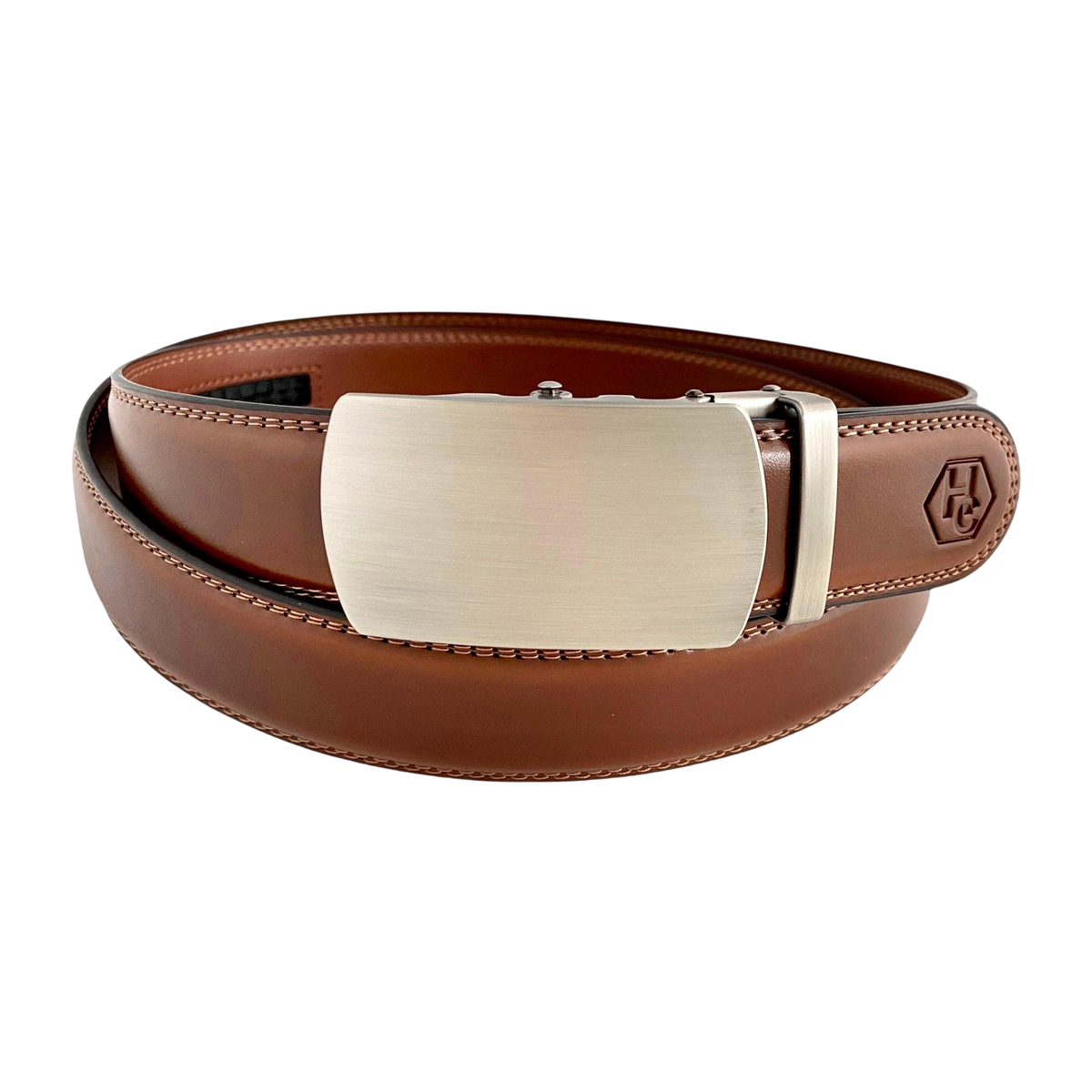 Brown leather ratchet belt with gunmetal buckle, front view