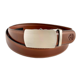 Brown leather ratchet belt with gunmetal buckle, front view