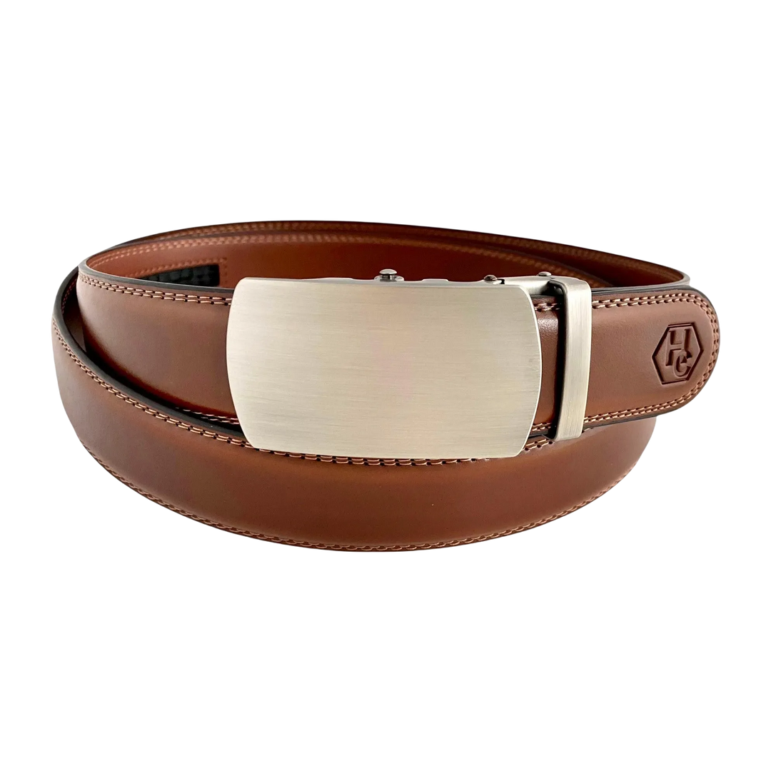 Brown leather ratchet belt with gunmetal buckle, front view