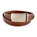 Brown leather ratchet belt with gunmetal buckle, front view