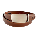 Brown leather ratchet belt with gunmetal buckle, front view