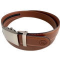 Brown leather ratchet belt with gunmetal rectangle buckle, buckle detail close-up