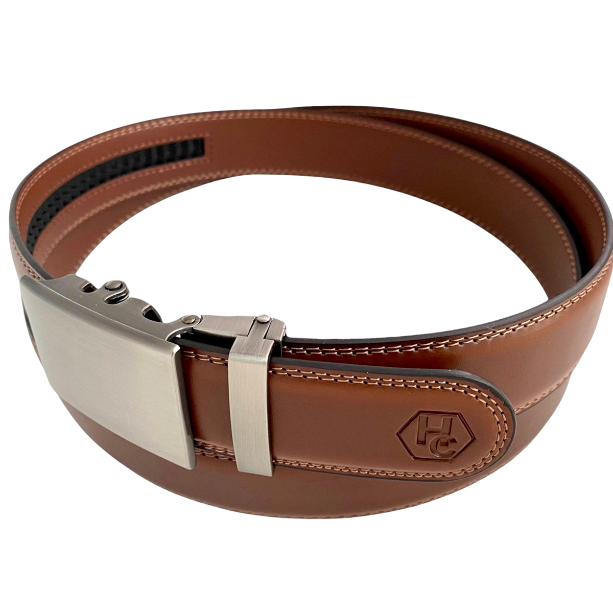Brown leather ratchet belt with gunmetal rectangle buckle, buckle detail close-up