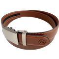 Brown leather ratchet belt with gunmetal rectangle buckle, buckle detail close-up