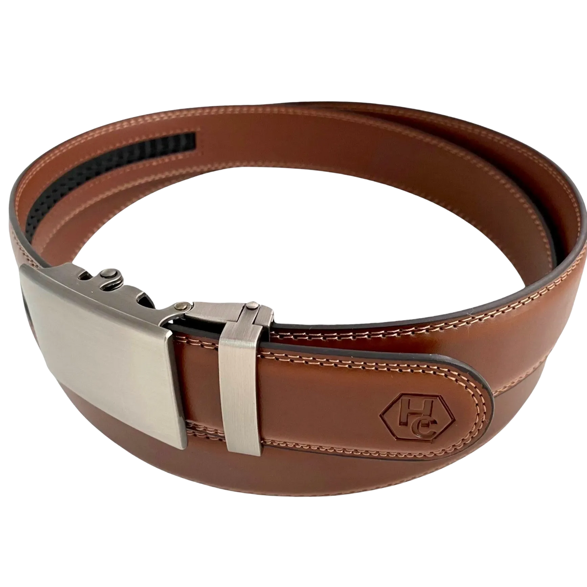 Brown leather ratchet belt with gunmetal rectangle buckle, buckle detail close-up