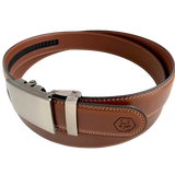 Brown leather ratchet belt with gunmetal rectangle buckle, buckle detail close-up