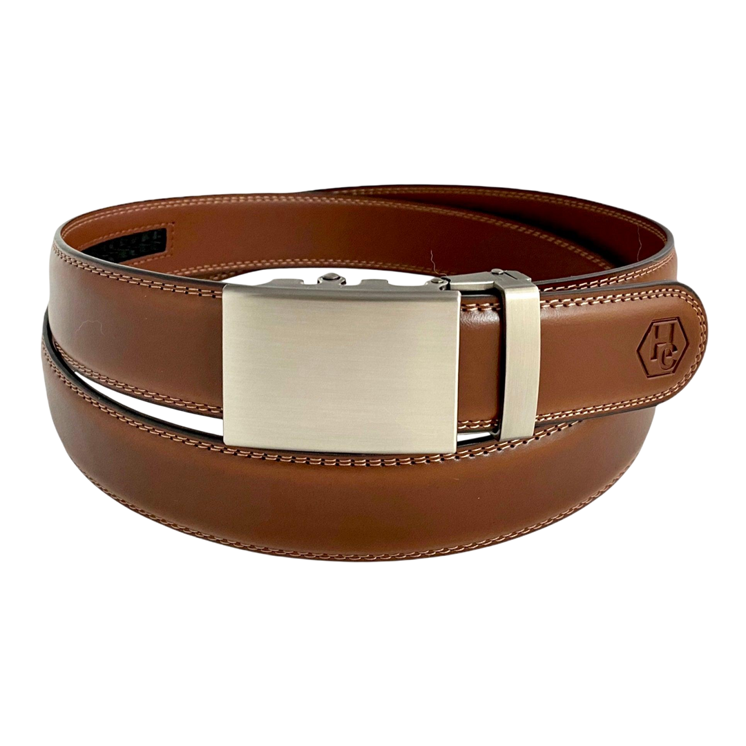Brown leather ratchet belt with gunmetal rectangle buckle, front view