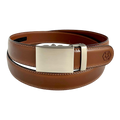 Brown leather ratchet belt with gunmetal rectangle buckle, front view
