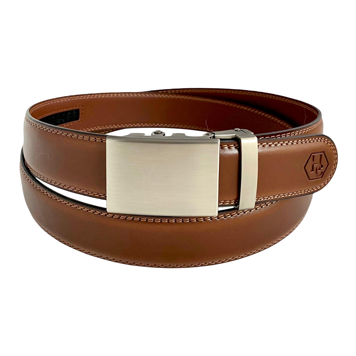 Brown leather ratchet belt with gunmetal rectangle buckle, front view