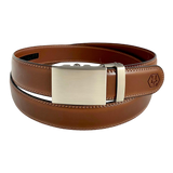 Brown leather ratchet belt with gunmetal rectangle buckle, front view