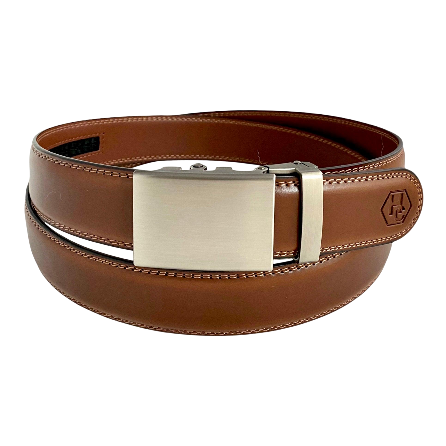 Brown leather ratchet belt with gunmetal rectangle buckle, front view