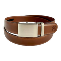 Brown leather ratchet belt with gunmetal rectangle buckle, front view