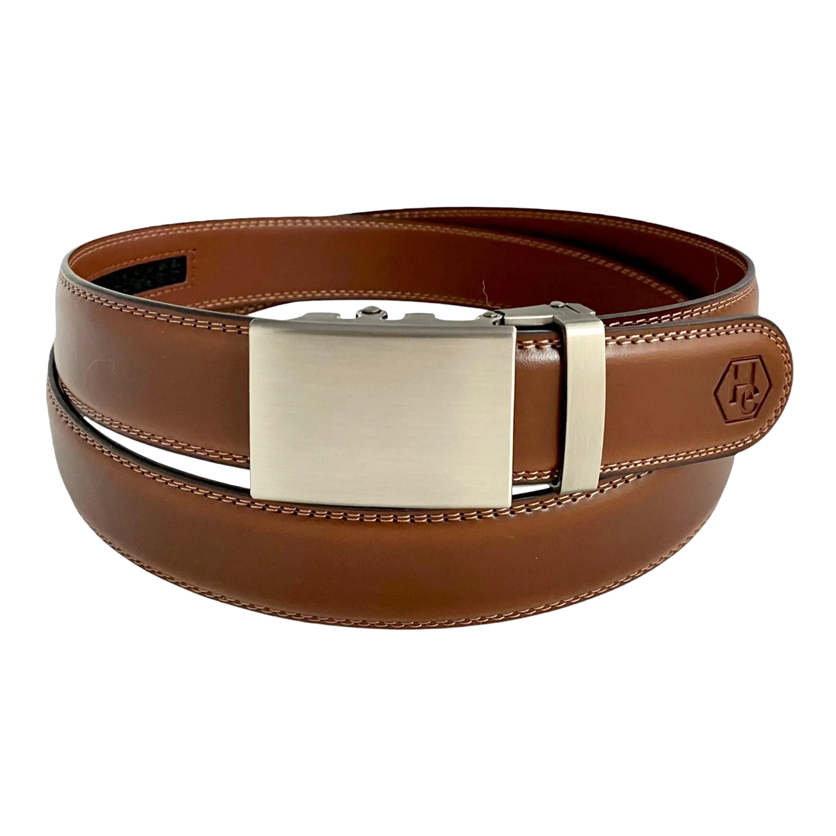 Brown leather ratchet belt with gunmetal rectangle buckle, front view