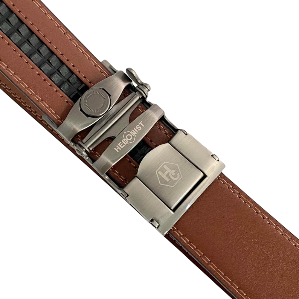 Brown leather ratchet belt with gunmetal rectangle buckle, hardware close-up