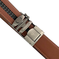 Brown leather ratchet belt with gunmetal rectangle buckle, hardware close-up