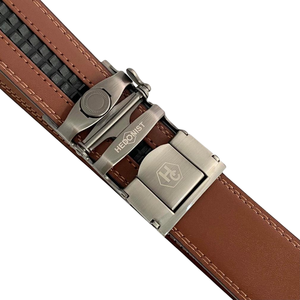 Brown leather ratchet belt with gunmetal rectangle buckle, hardware close-up