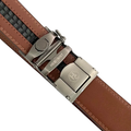 Brown leather ratchet belt with gunmetal rectangle buckle, hardware close-up