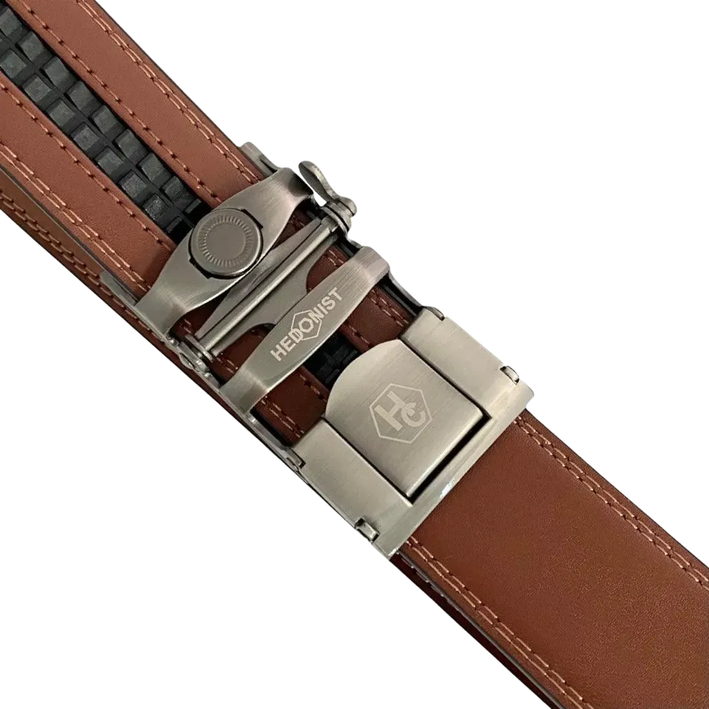 Brown leather ratchet belt with gunmetal rectangle buckle, hardware close-up