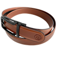 Brown leather ratchet belt with black hollow frame buckle, buckle detail close-up