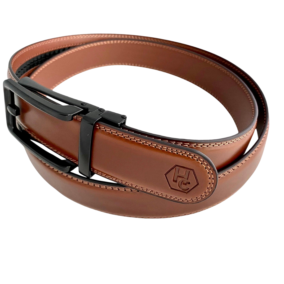 Brown leather ratchet belt with black hollow frame buckle, buckle detail close-up