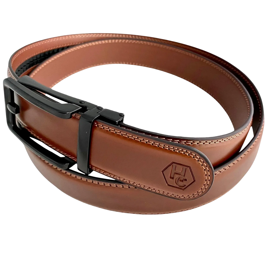 Brown leather ratchet belt with black hollow frame buckle, buckle detail close-up