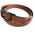 Brown leather ratchet belt with black hollow frame buckle, buckle detail close-up