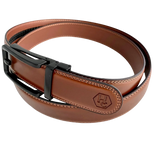 Brown leather ratchet belt with black hollow frame buckle, buckle detail close-up