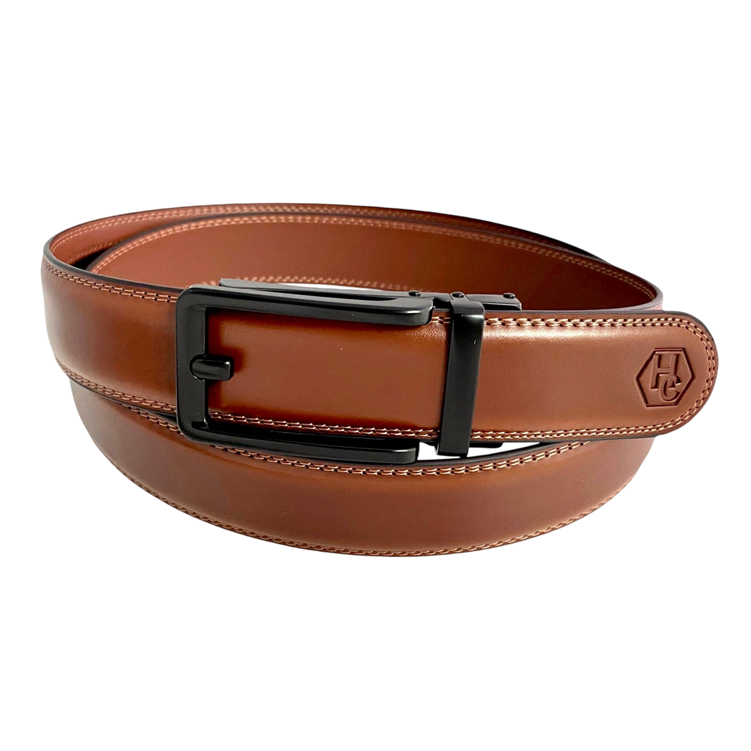 Brown leather ratchet belt with black hollow frame buckle, front view