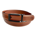 Brown leather ratchet belt with black hollow frame buckle, front view