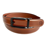 Brown leather ratchet belt with black hollow frame buckle, front view