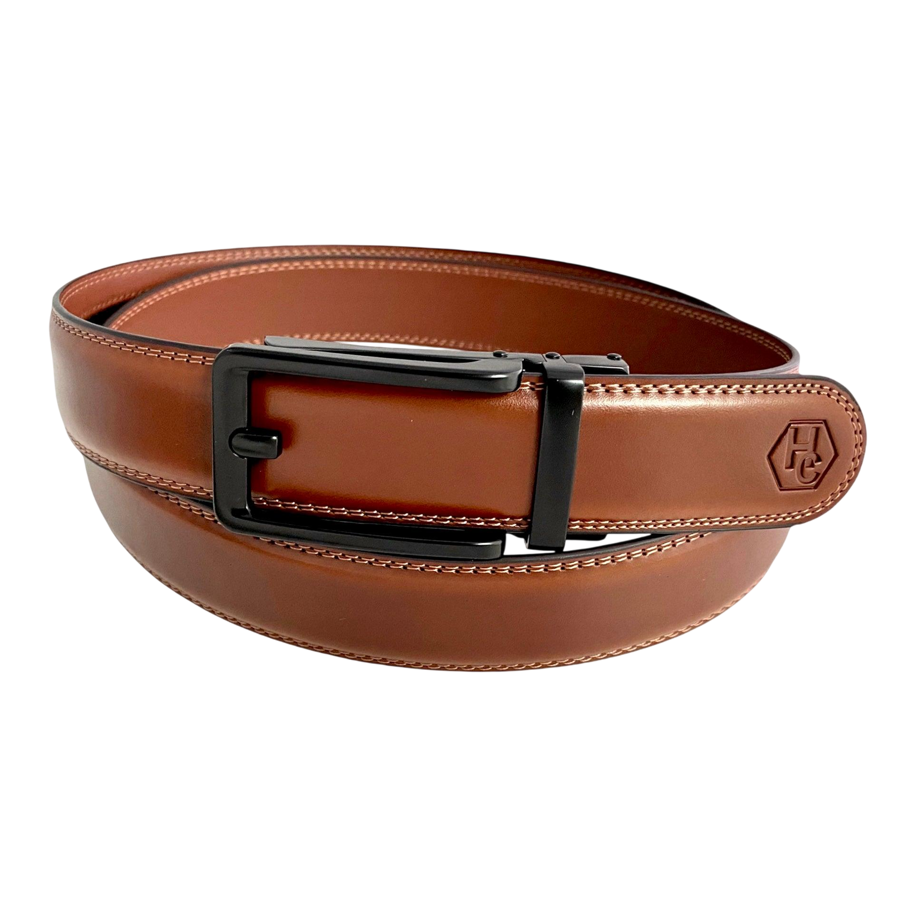 Brown leather ratchet belt with black hollow frame buckle, front view