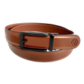 Brown leather ratchet belt with black hollow frame buckle, front view