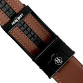 Brown leather ratchet belt with black hollow frame buckle, hardware close-up