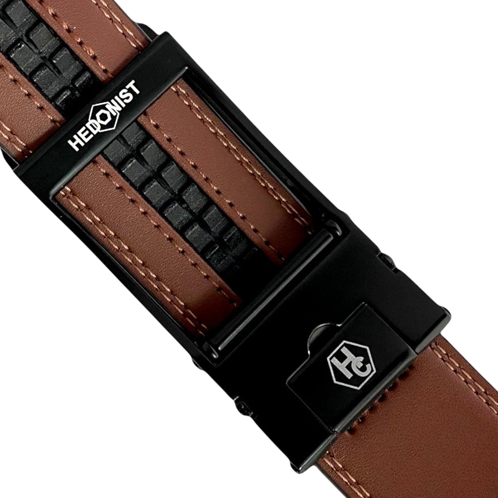 Brown leather ratchet belt with black hollow frame buckle, hardware close-up