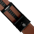 Brown leather ratchet belt with black hollow frame buckle, hardware close-up