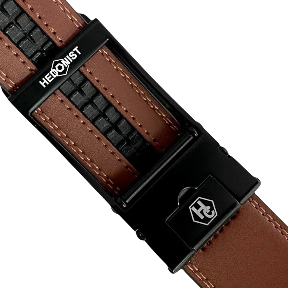 Brown leather ratchet belt with black hollow frame buckle, hardware close-up