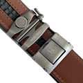 Brown leather ratchet belt with long gunmetal rectangle buckle, back view
