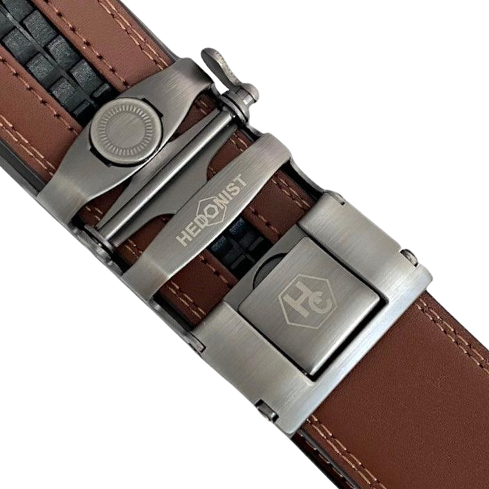 Brown leather ratchet belt with long gunmetal rectangle buckle, back view