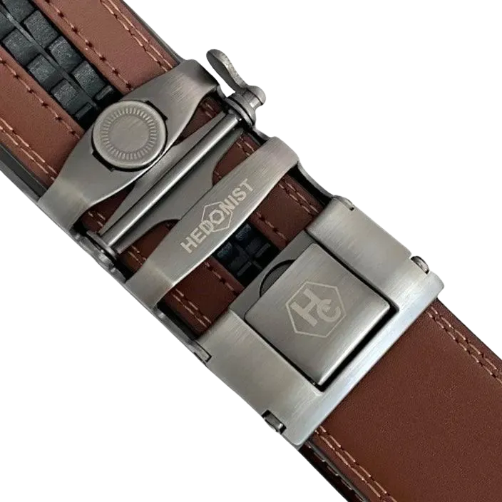 Brown leather ratchet belt with long gunmetal rectangle buckle, back view
