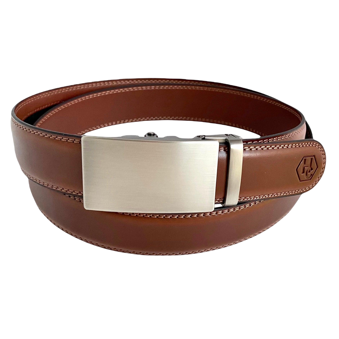 Brown leather ratchet belt with long gunmetal rectangle buckle, front view