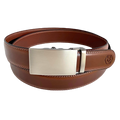 Brown leather ratchet belt with long gunmetal rectangle buckle, front view