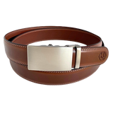Brown leather ratchet belt with long gunmetal rectangle buckle, front view