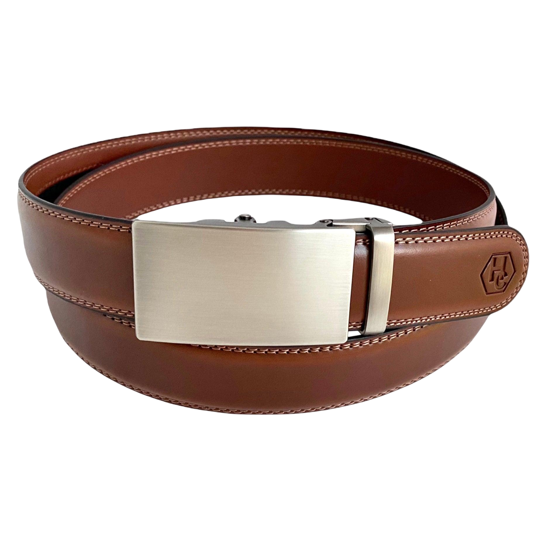 Brown leather ratchet belt with long gunmetal rectangle buckle, front view